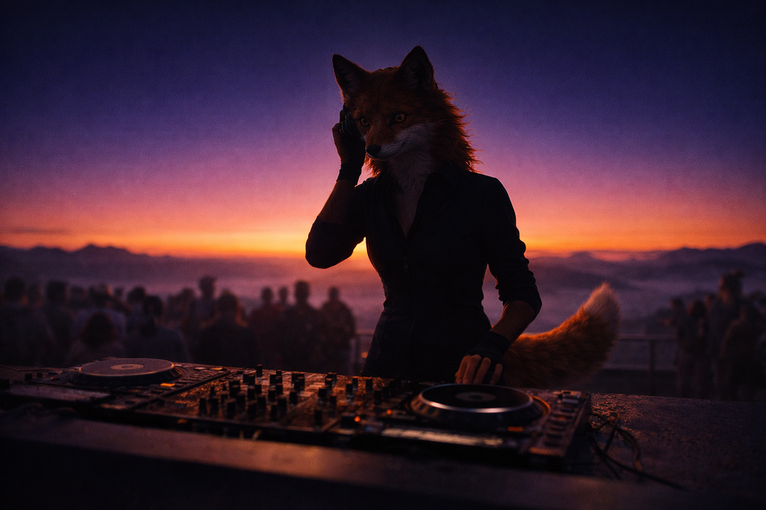 DJ Foxyana at her decks at dawn — first beats before the city wakes
