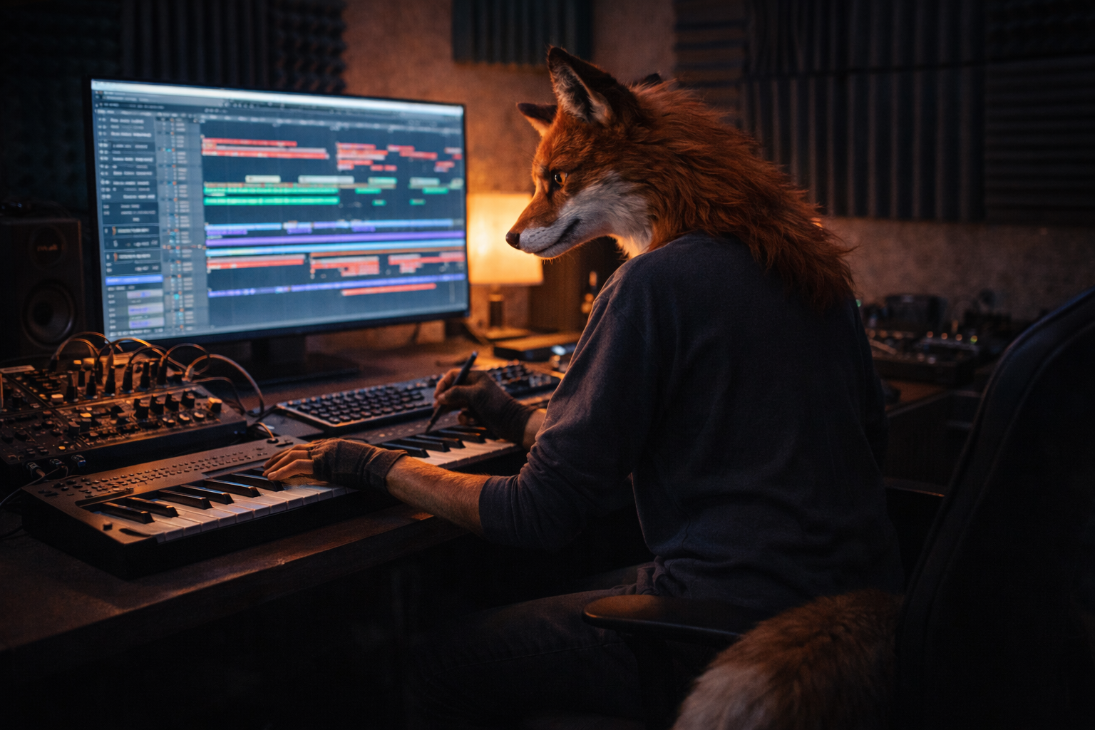 DJ Foxyana in focused studio session — where the folk forms translate to frequency