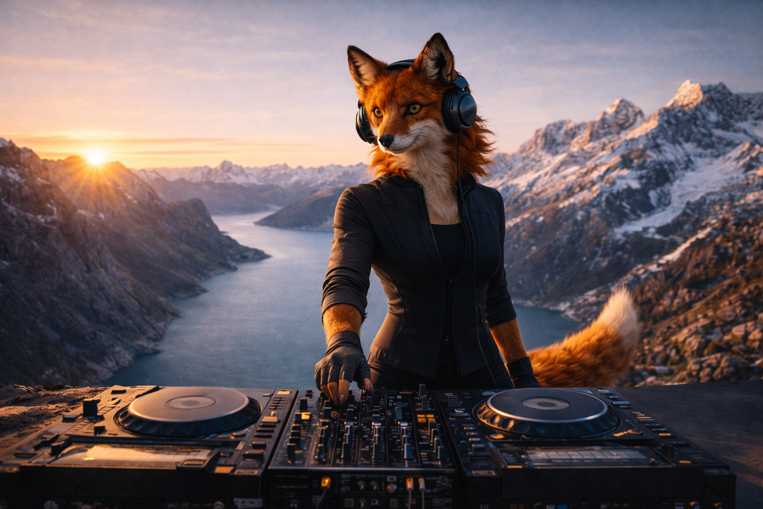 DJ Foxyana at a set behind her decks at sunrise on a Carpathian mountain ridge, light breaking over the peaks