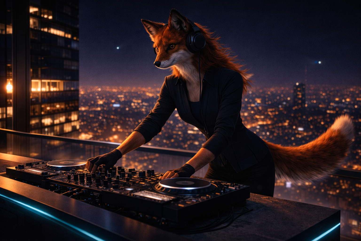 DJ Foxyana on a rooftop at night — city skyline and electronic frequencies merging with the dark