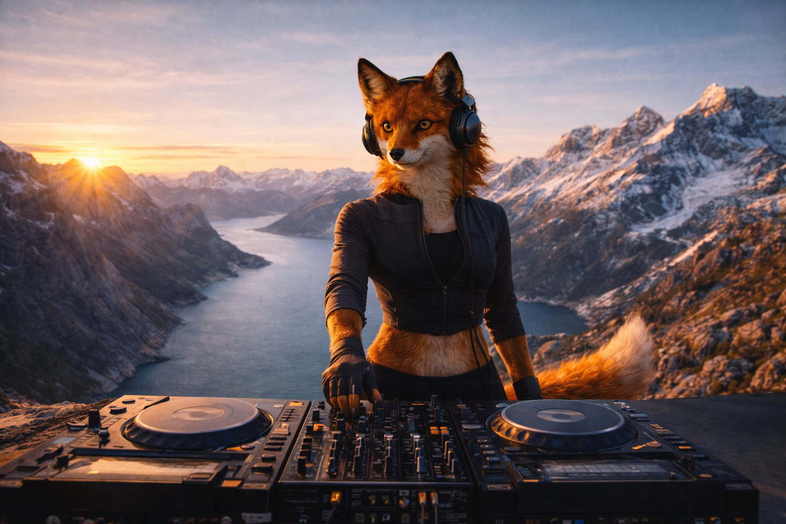 Foxyana standing at a ridge at sunrise — before the first beat drops