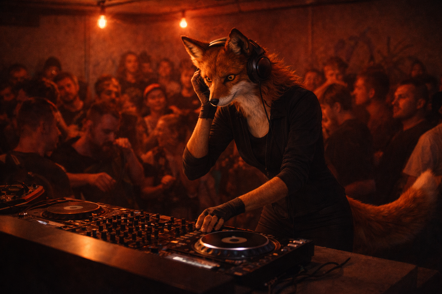 DJ Foxyana in a basement club DJ booth — Kolomyika rhythm at 2am