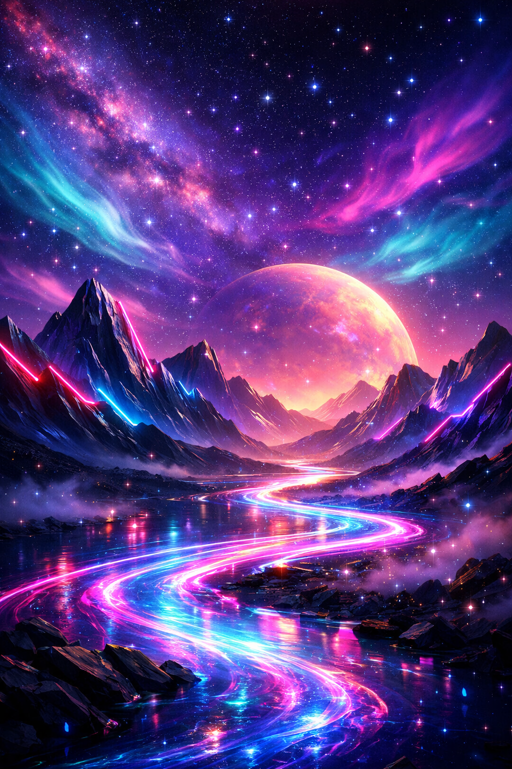 Neon glow over cosmic mountains — electronic tradition meeting Carpathian form