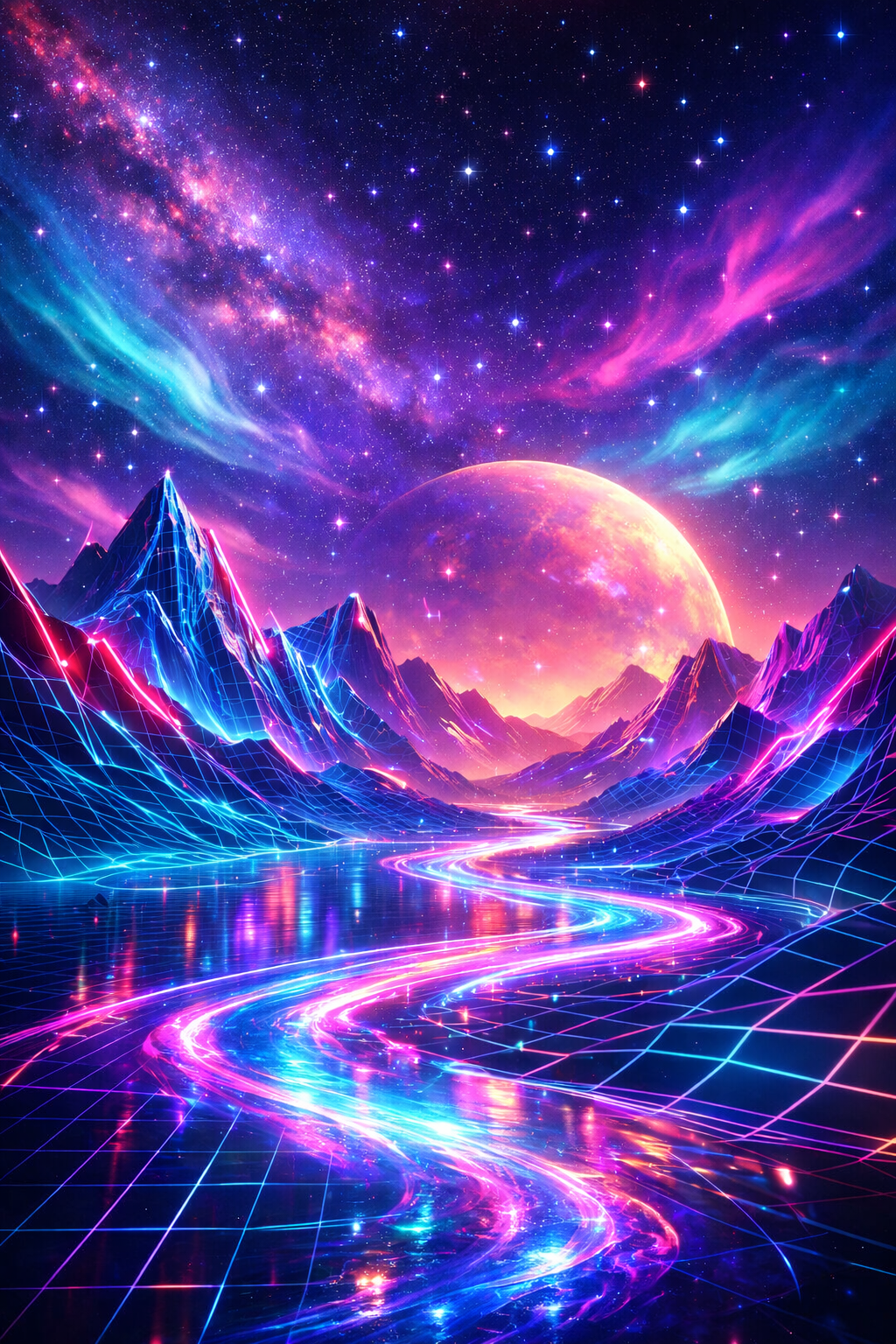 Neon river through digital mountains — folk melodies becoming waveforms