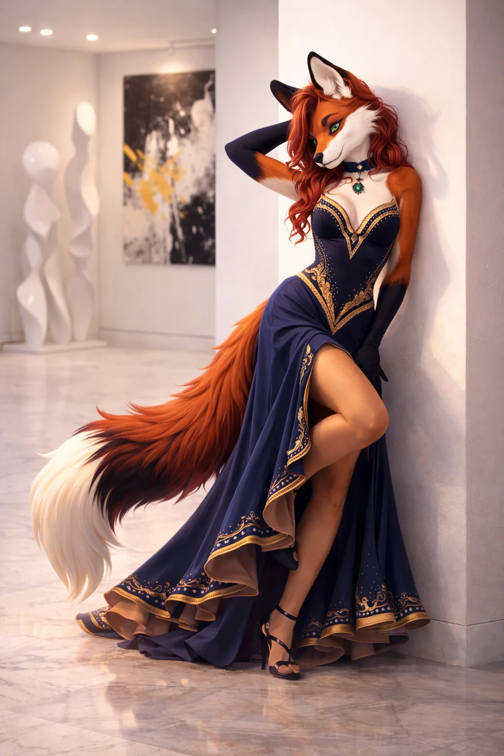 Foxyana in an elegant midnight-blue gown with Ukrainian-inspired gold detail in a contemporary gallery