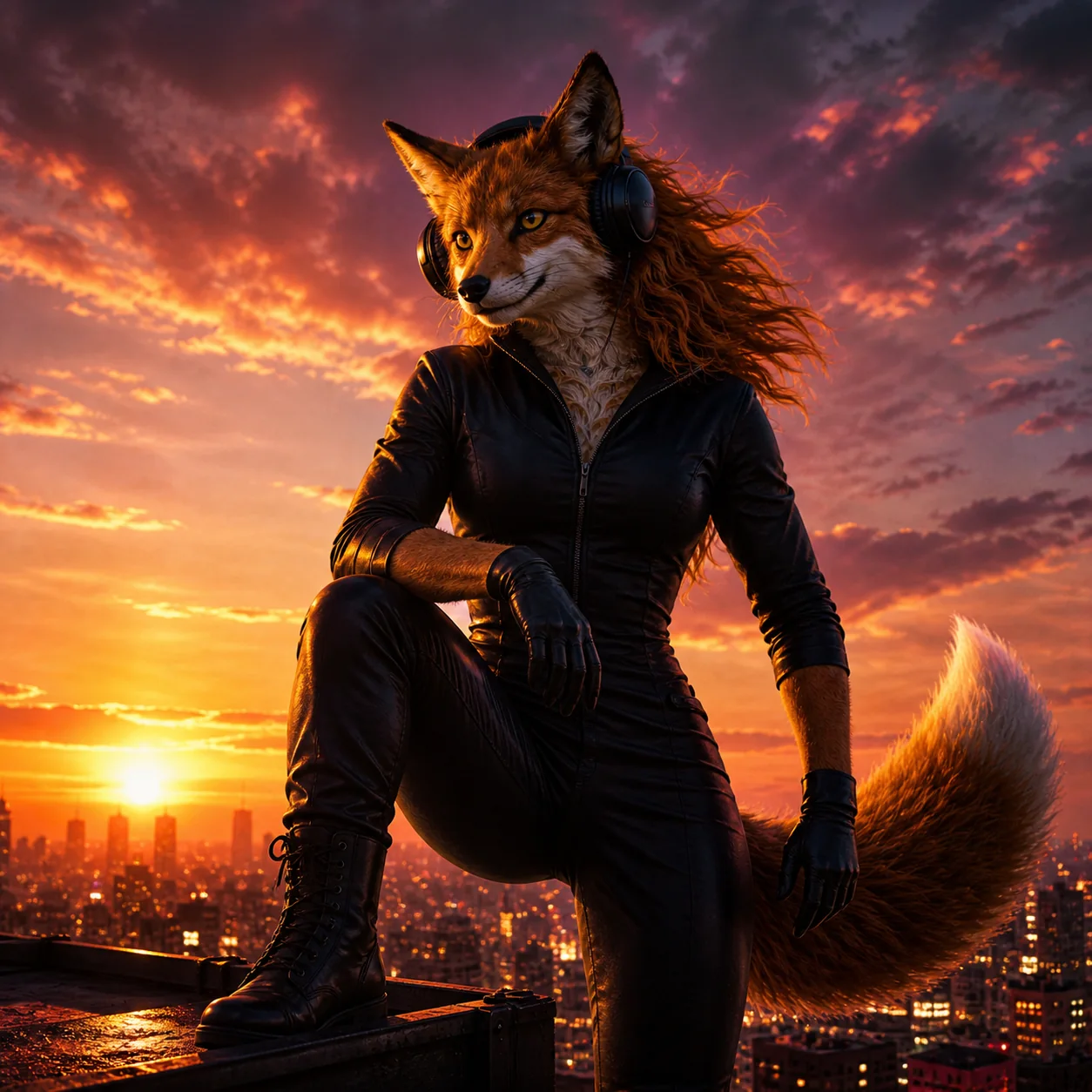 DJ Foxyana on a rooftop over a Ukrainian city at sunset, wearing headphones and contemporary black style