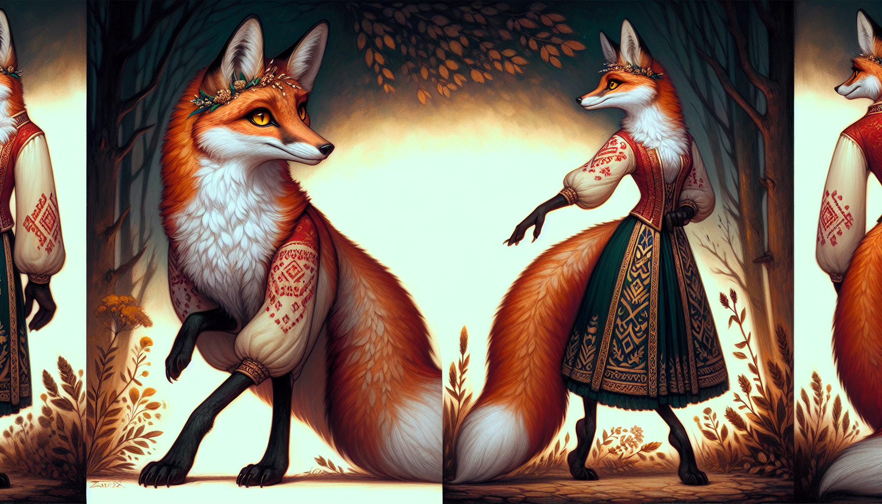 Foxyana standing composed at a forest edge, one ear turned toward a distant sound