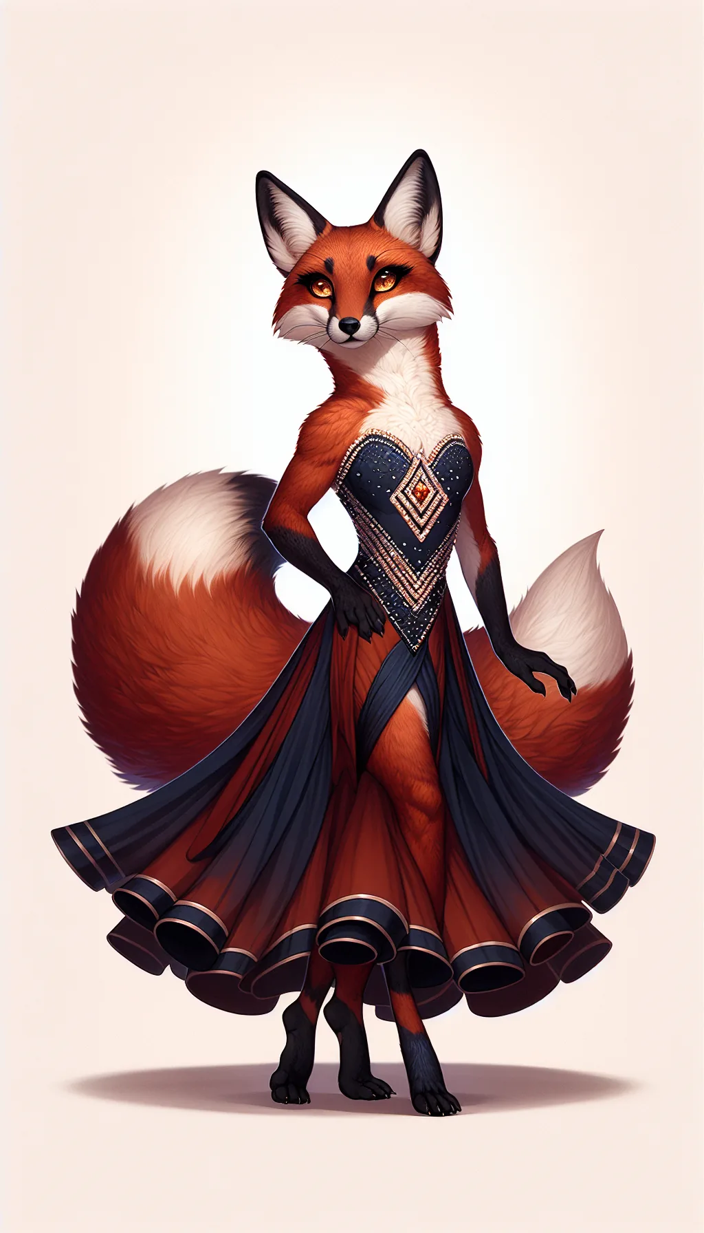 Foxyana in a sweeping ballroom gown, midnight navy with Hutsul gold beadwork