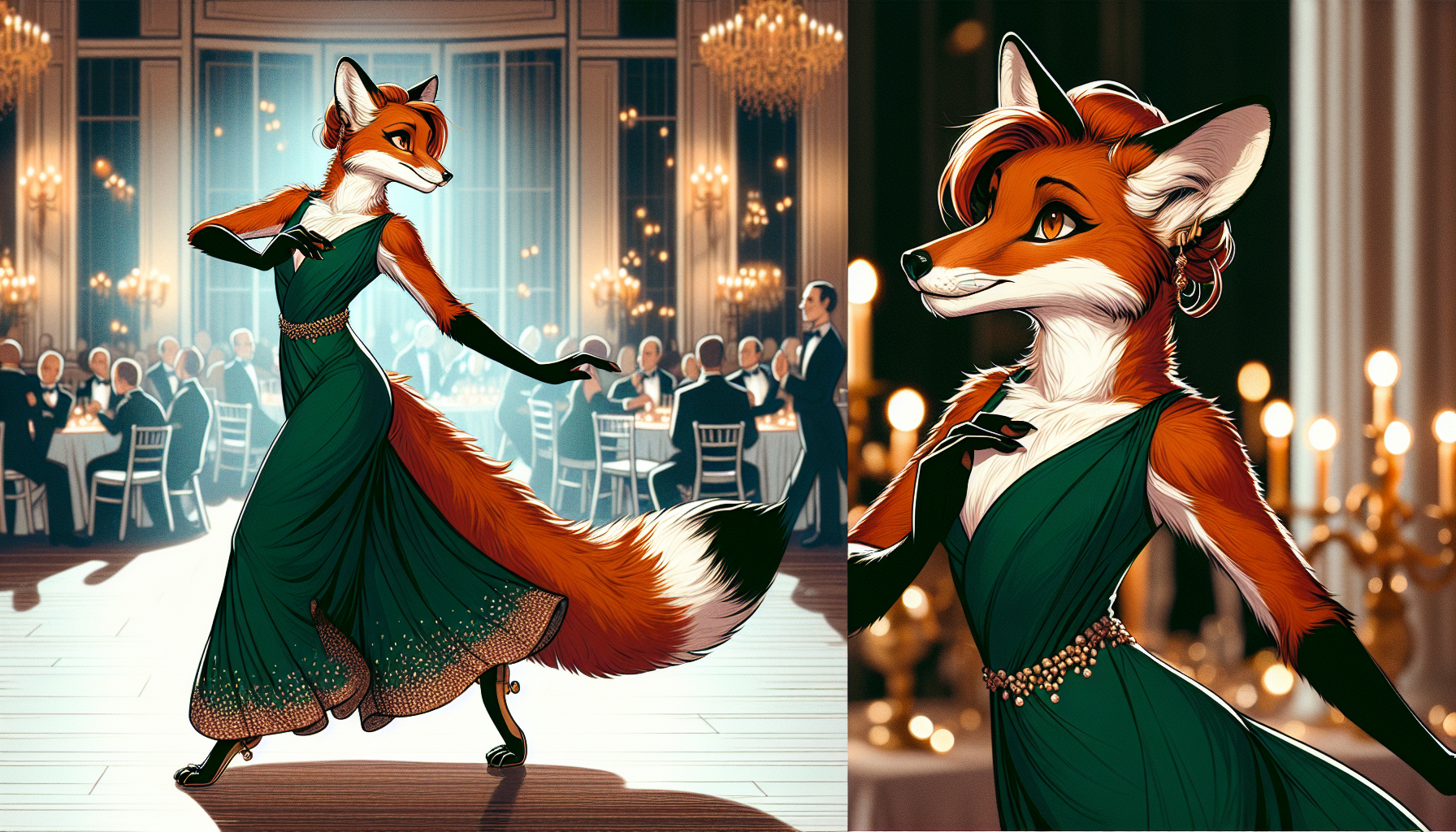Foxyana mid-foxtrot in full glide, gown trailing the motion