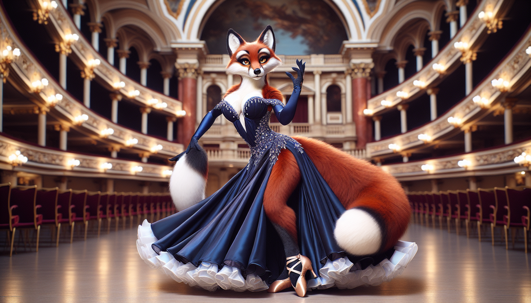 Foxyana in waltz frame — classical line held through the phrase