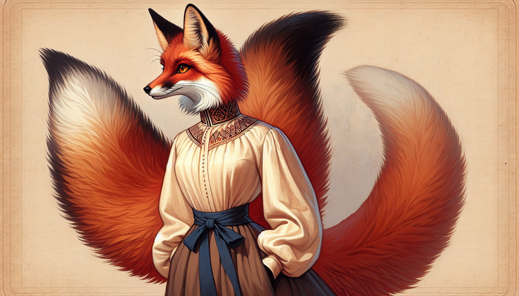 Foxyana on a Carpathian mountain path surrounded by embroidered ritual trees