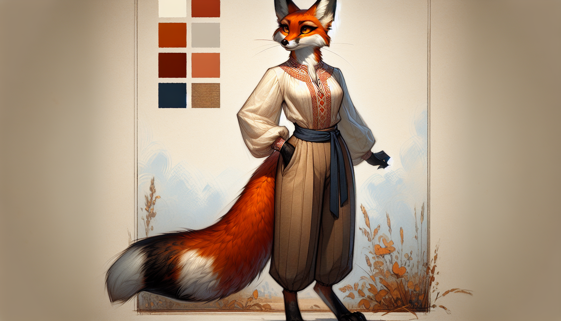 Foxyana standing in the vast Poltava steppe under a golden-hour sky