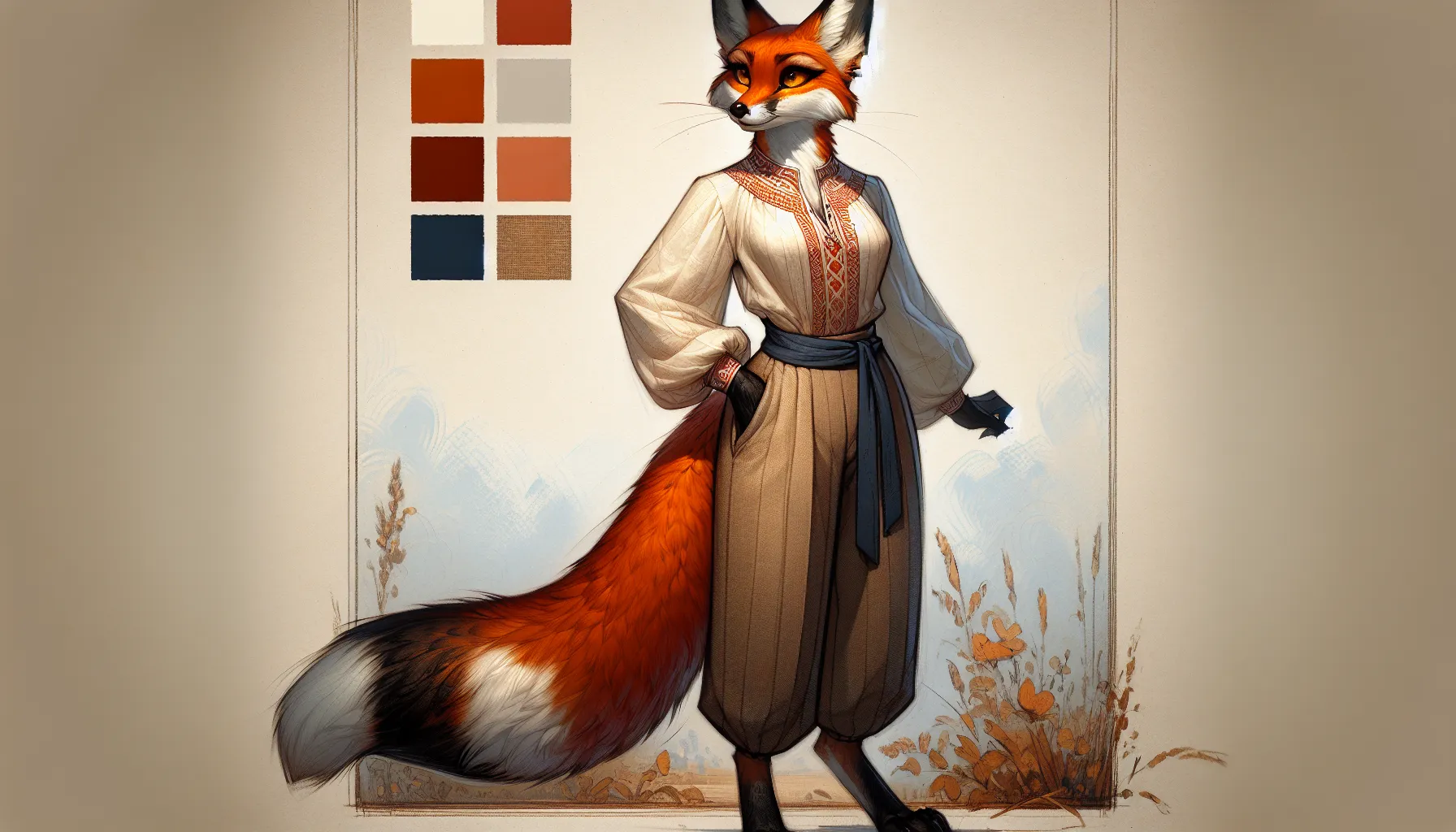 Foxyana standing in the vast Poltava steppe under a golden-hour sky