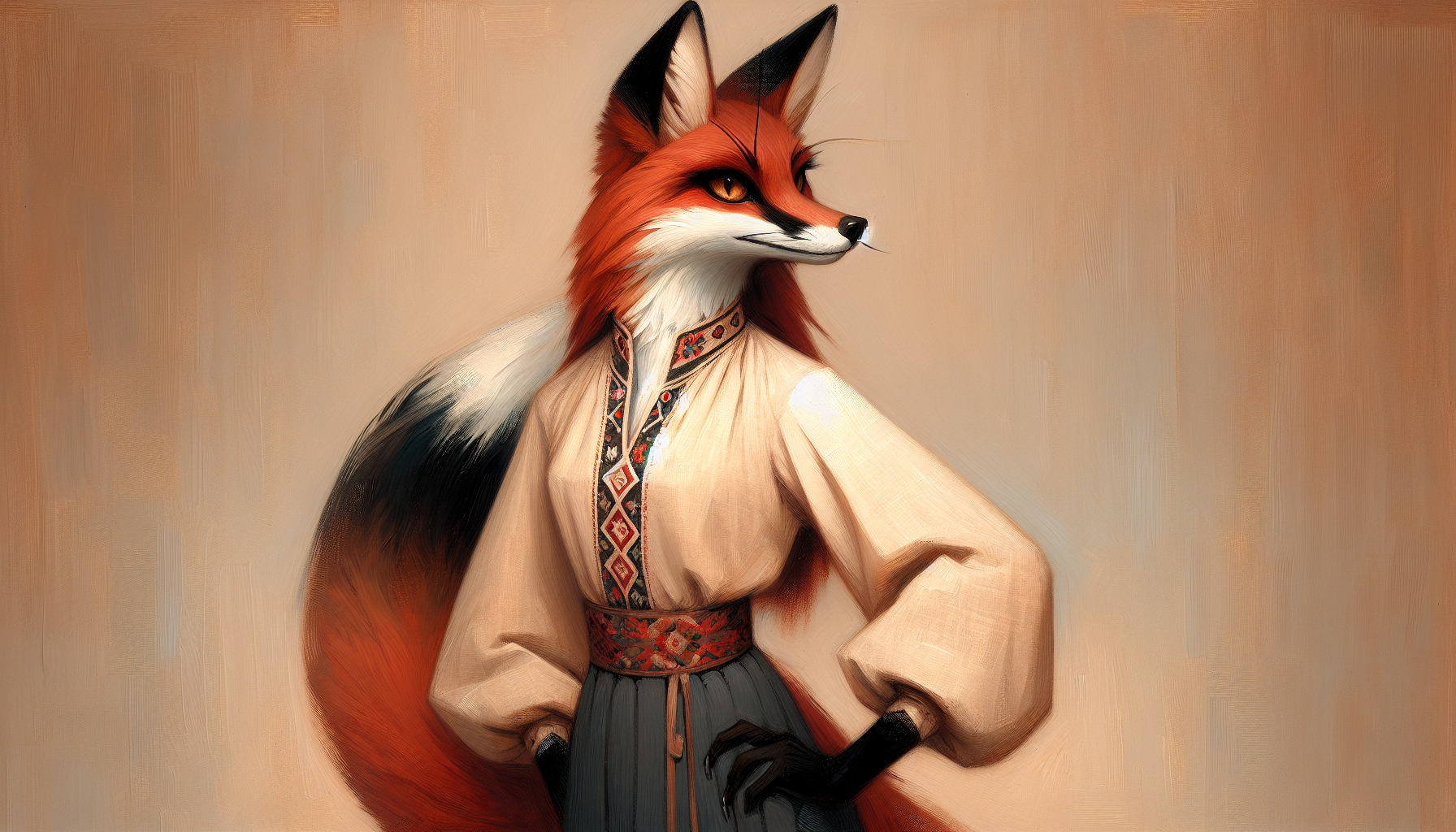 Foxyana watching the Dnipro at dusk, city lights reflected