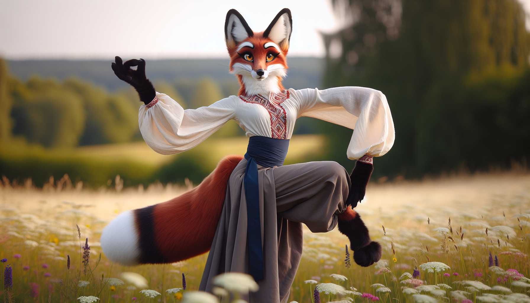 Foxyana in a wildflower meadow in late spring watching a child take first steps